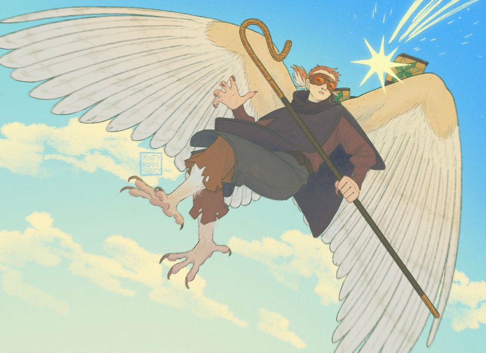 A harpy in flight, falling backwards as a falling star approaches. It's daytime, with a light blue sky, but they're far above the clouds. Their red and white hair - tied back into a ponytail - blows up in the wind as they gaze at the star through red goggle lenses. White wings are open to slow their descent, clawed feet reaching. They hold a shepherd's crook in their hand.