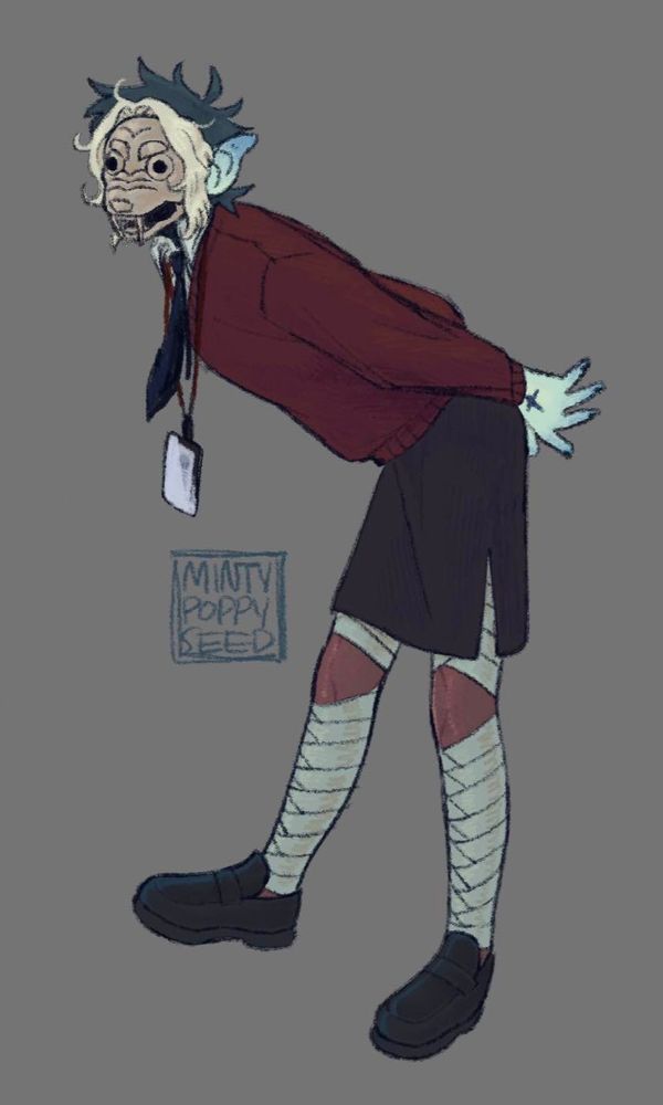 A pallid-skinned elf with black and white hair and a snarling wooden mask. She's leaning forward with her hands behind her back, wearing a burgundy sweater over a white dress shirt and a black skirt. Her legs are covered in sheer red hose and wrapped with bandages, and she's wearing black loafers.