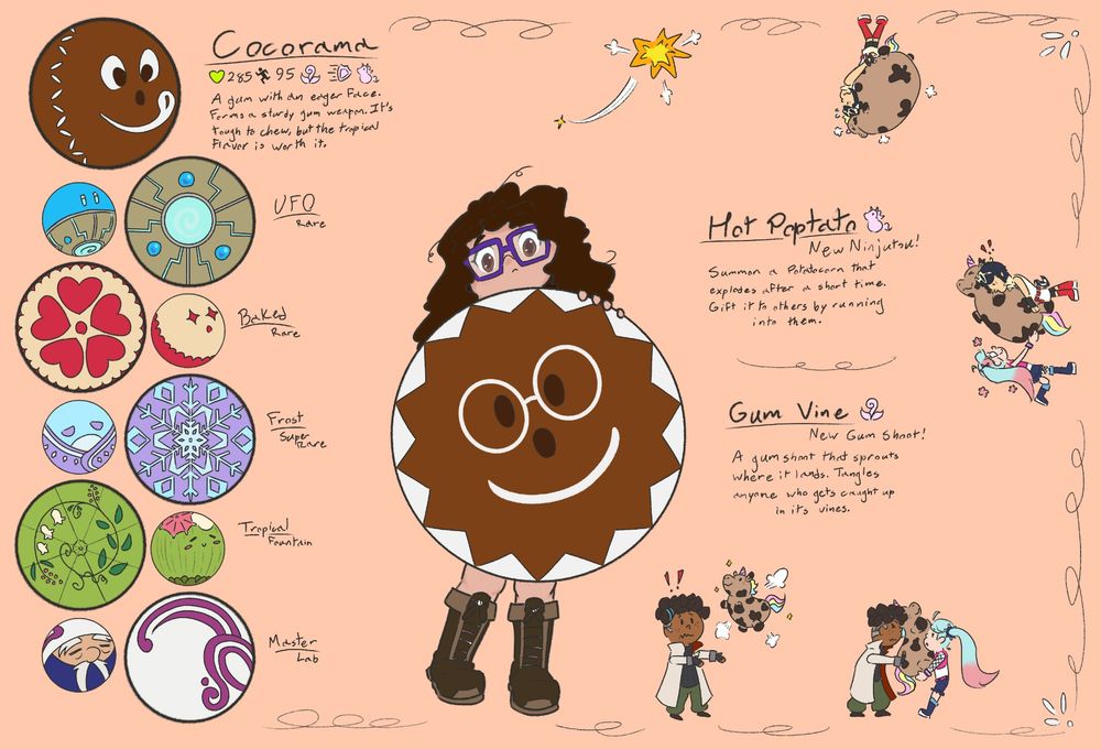 Cocorama, a custom weapon by Mileve. Shield type weapon that resembles a coconut with a smiling face. On the left are various skins, the center is Mileve's character, Kess peeking out from behind the shield, and the right has information about the weapoon abilities. Along the edge are characters showcasing a hot potato based special.