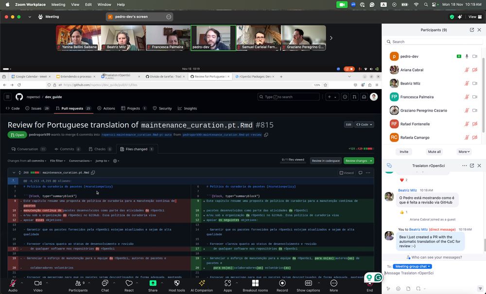 Zoom meeting with a GitHub review PR screen shared to the meeting.