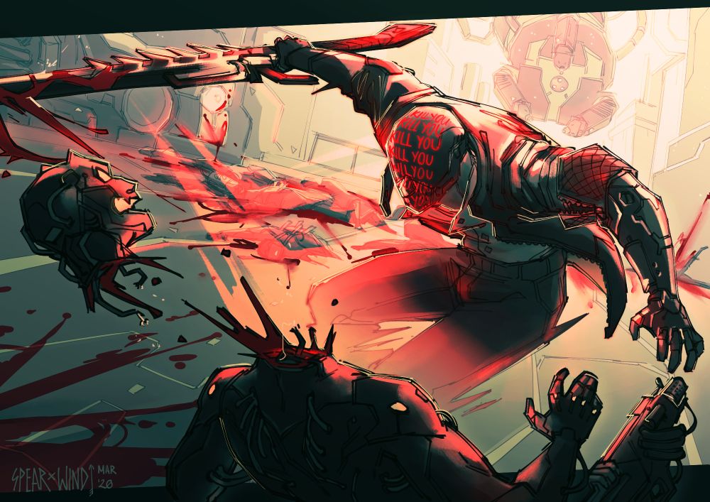 A fanart of a scene from the game RUINER. in it, Puppy is dashing across the battlefield, leaving a red trail behind him and and slicing an enemie's head off with a sick ass spike sword. In the background an angel can be seen with a pile of corpses in front of it, as well as MOTHER looking over Puppy's shoulder menacingly. On Puppy's face screen the words KILL YOU KILL YOU KILL YOU are repeated multiple times.