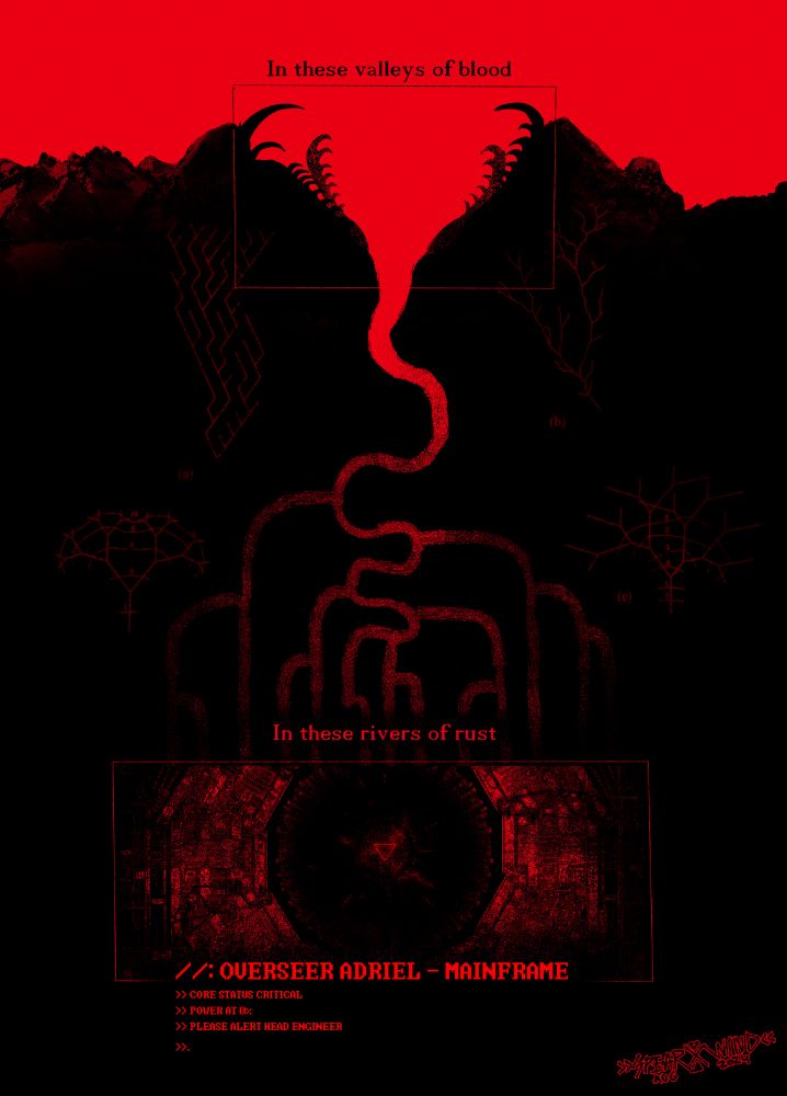 A comic page drawn completely in red and black. There are only two panels: The first and biggest panel shows a mountain range with a valley in the middle against a dark red sky. The valley is actually the jaws of a snake, from which a throat extends further down the page, coiling, branching out deep into the insides of the mountain itself. The second panel at the bottom shows the core mainframe of a massive machine, currently abandoned and dormant. A single angry red triangle can be seen booting up deep within it. 

The text reads "in these valleys of blood, in these rivers of rust" and "Overseer Adriel - mainframe. core status critical. power at 0%. please contact head engineer"