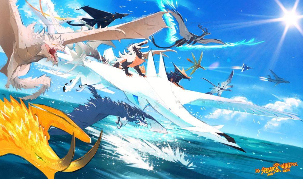 A picture of ten dragons flying over the ocean, accompanied by two planes in the distance. The dragons are all of varying sizes and colors, some look like jets and some look more natural. It's sunny and they are clearly having a lot of fun going at great speeds over the sea.