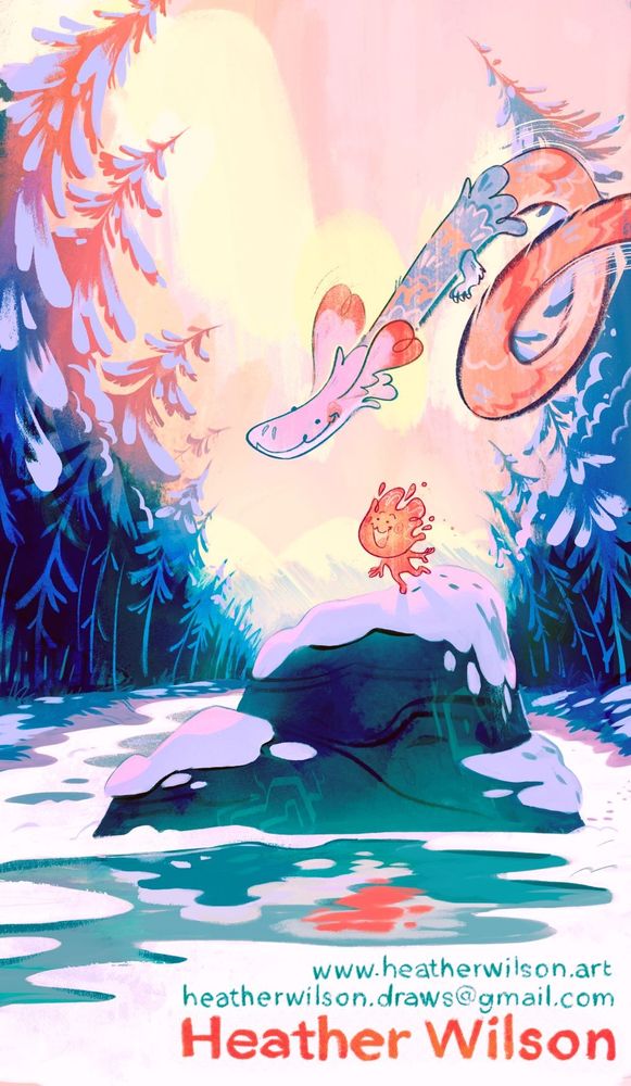 Digital Illustration of snowy landscape in shades of pink and blues. Rock in center with pink little guy on top. His pink reflection is seen in the melted away parts of a river. A long fantastical dragon dog creature fly's above him. 