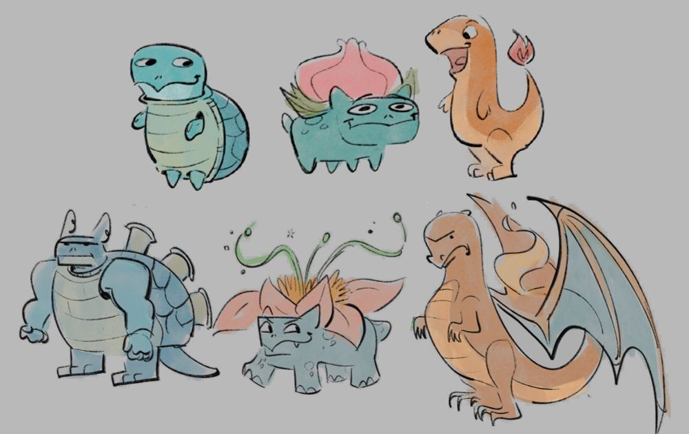digital drawings of Pokémon's supposed gen 1 starters (top). Full evolutions depicted with equally questionable design accuracy (bottom)