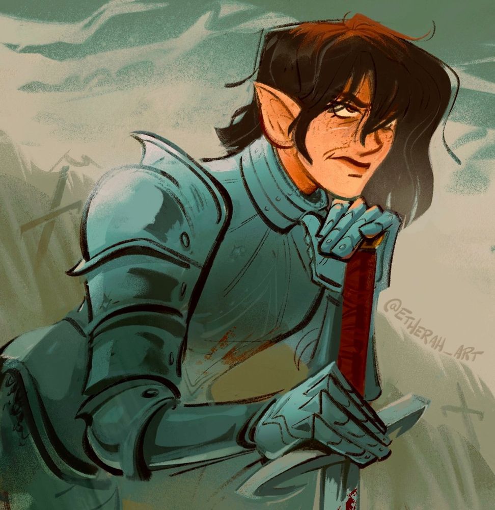 Armour-clad Carmin kneeling in grassy field. A hand rests on the pommel of her sword, the other on the cross-guard.