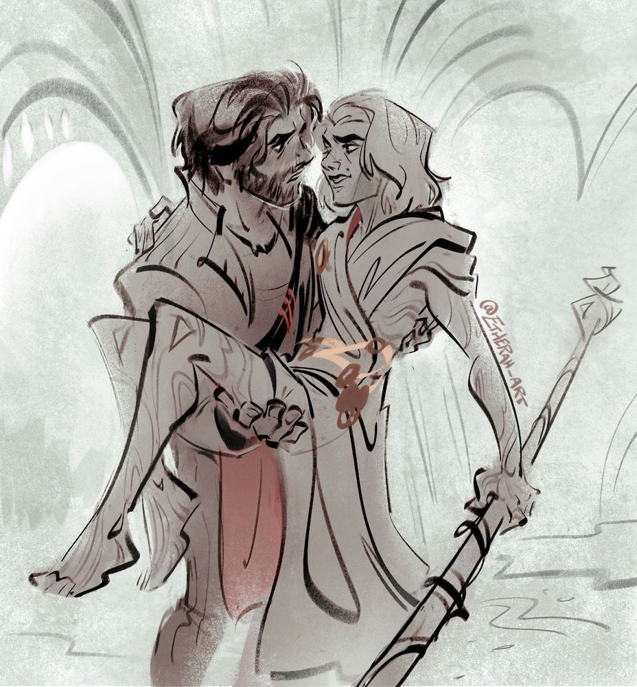 Jayce holding Viktor in his arms. Jayce has his rugged beard look, Viktor is in his messiah era with long hair, blanket dress and staff.