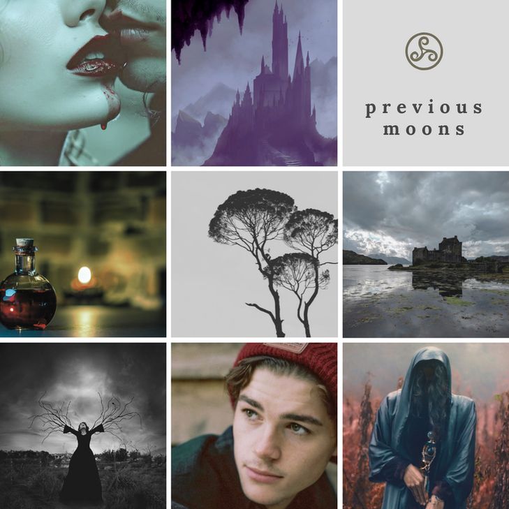 Moodboard for Previous Moons; 8 images: close up of couple kissing, with bloody lips; an old castle on a hill; a potion bottle; dark trees on white; a ruin on a beach; a woman with branches as arms; a teen boy wearing a red beanie; a druid holding a staff