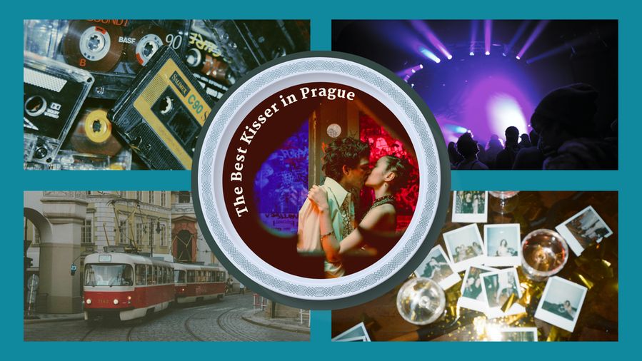 Novel moodboard for "The Best Kisser in Prague" -  with a circular image in the middle and four around it: a couple kissing; a pile of cassettes, a tram, a club, polaroids and drinks on a table