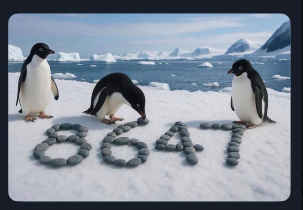 Penguins writing 8647 in stones on the ice 