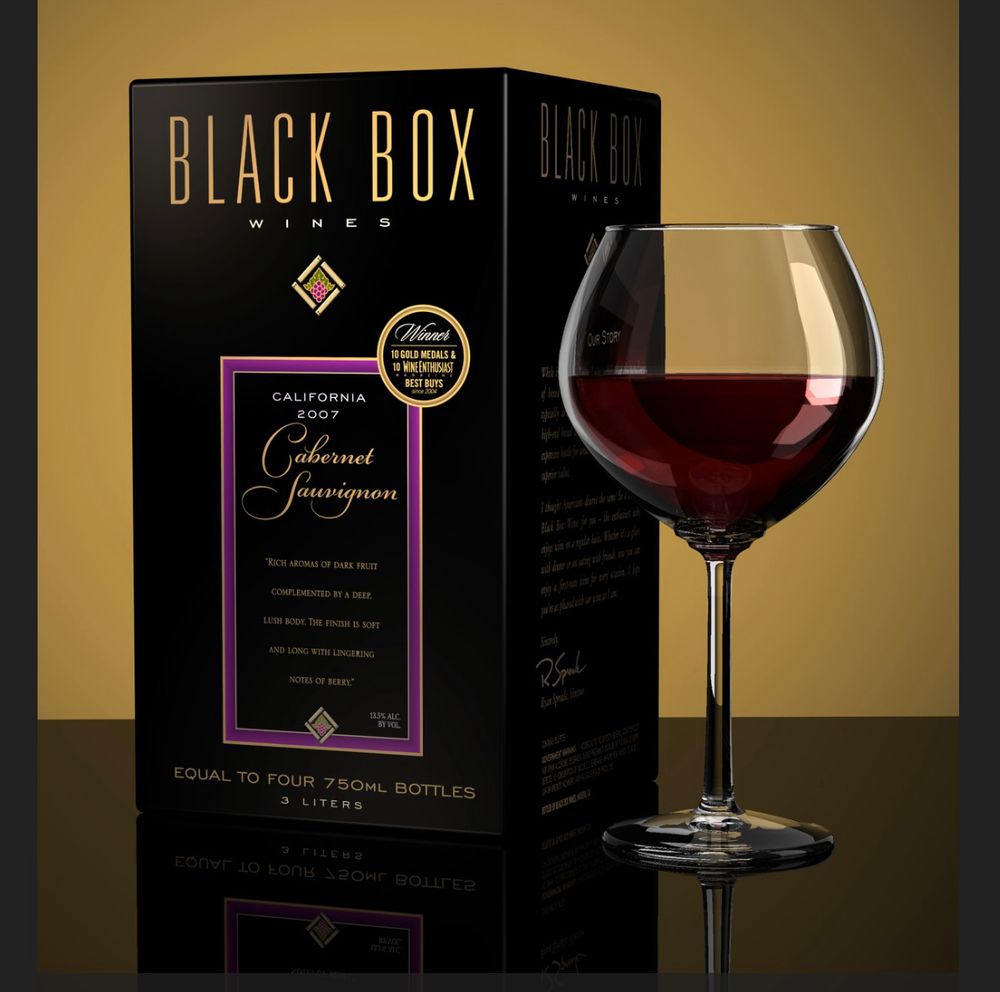 Picture of a black box of wine and a glass of red wine