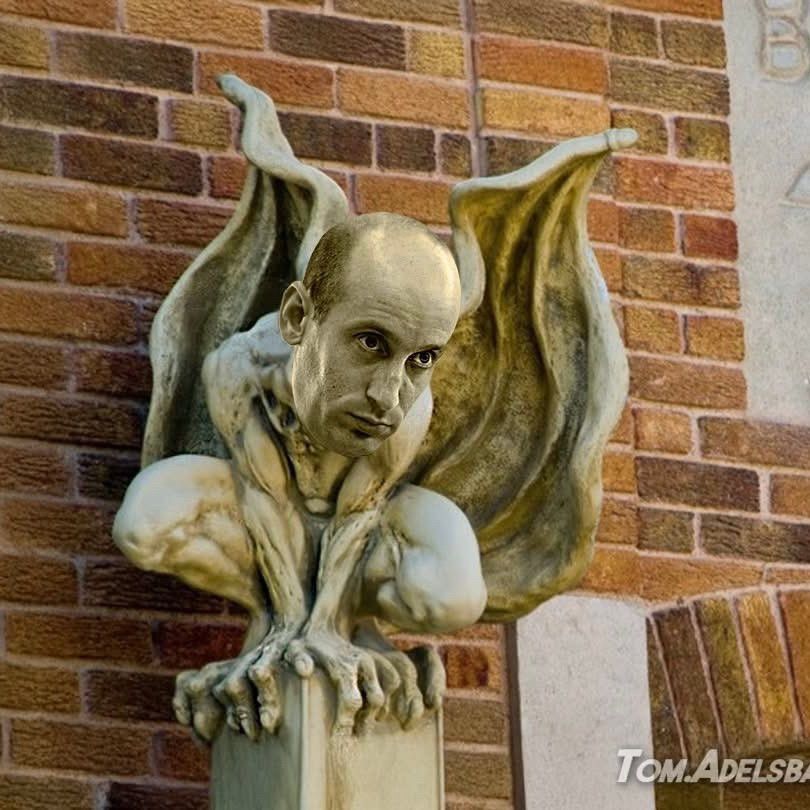 Stephen Miller as a crouching gargoyle with lifeless eyes, scrawny clawed arms and legs. 