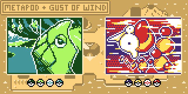 Pixel Art redraws of the "Metapod" and "Gust of Wind" cards for the Pokemon Trading Card Game on Gameboy Color. Metapod is set against a river background, and Gust of Wind shows Weedle in an exaggerated back bent pose, including huge eyes and an anime tear. The color palettes are shown beneath each illustration, all of which are in the foreground of a simplified version of the world map from the Pokemon TCG for Gameboy Color.