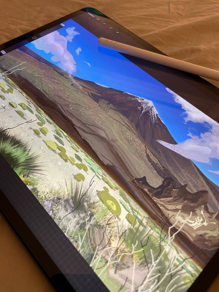 a painting of the Teide volcano on an ipad