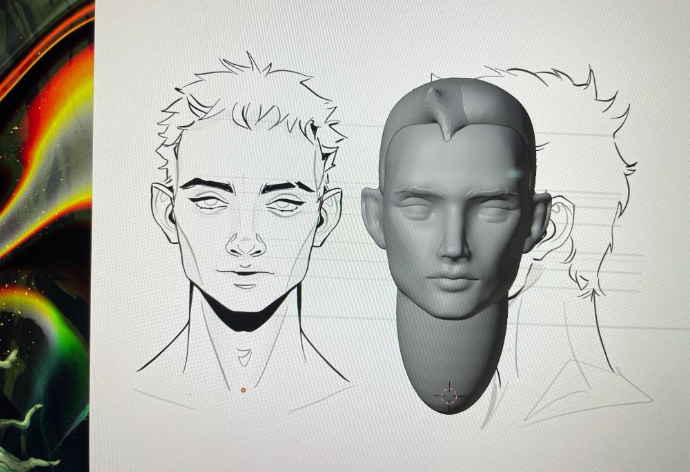 side by side of drawing and 3d sculpt