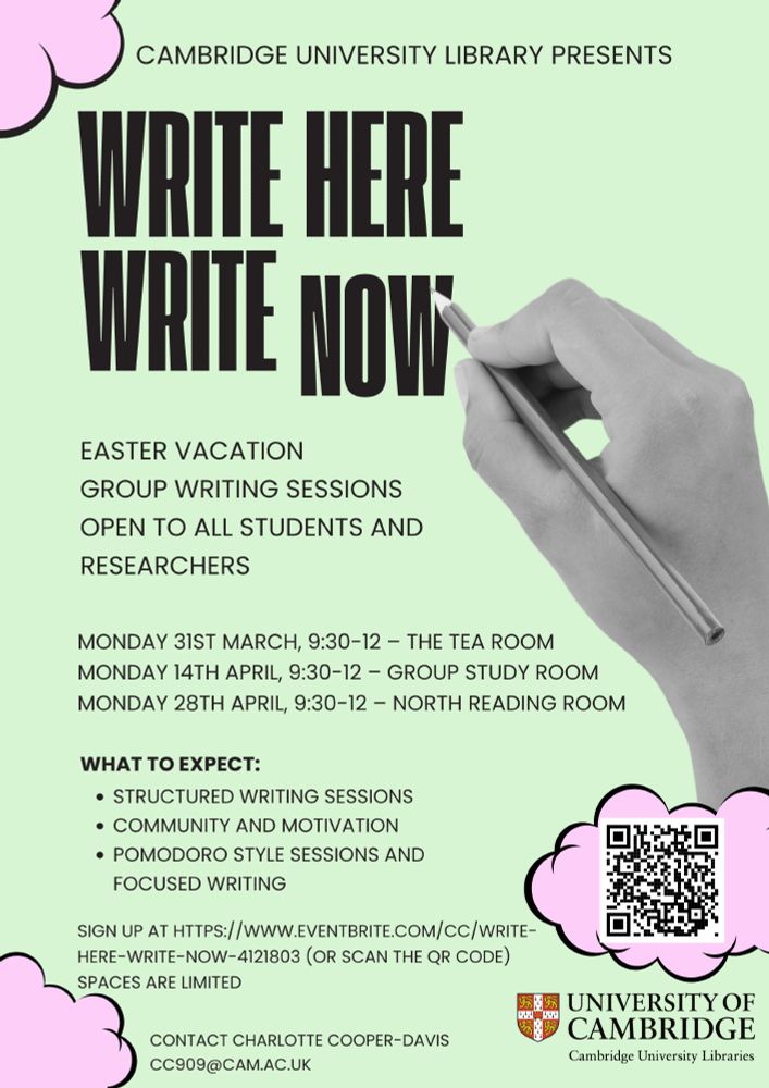 Poster advertising the group writing sessions at Cambridge University Library. 