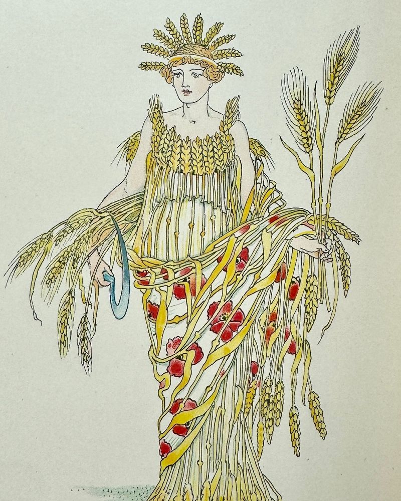 An illustration of a woman in a dress made of barley, wheat and poppies. The style is vintage and decorative, reminiscent of early 20th-century botanical or storybook illustrations.