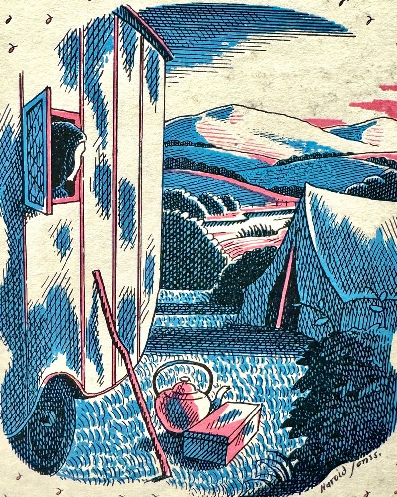 A person looks out the window of a caravan beside a tent in a grassy field, with hills and fields in the background and camping items like a kettle and box nearby. The scene is illustrated in blue and red tones.