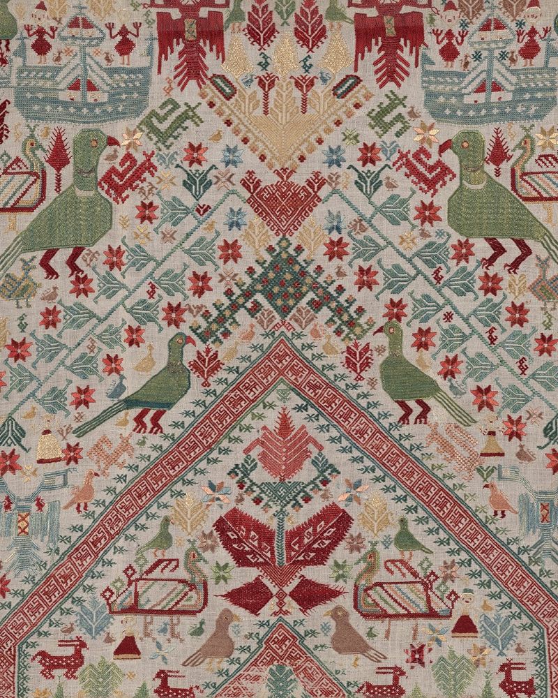 Gable section from a bed tent embroidered with many different birds and flower motifs. 
