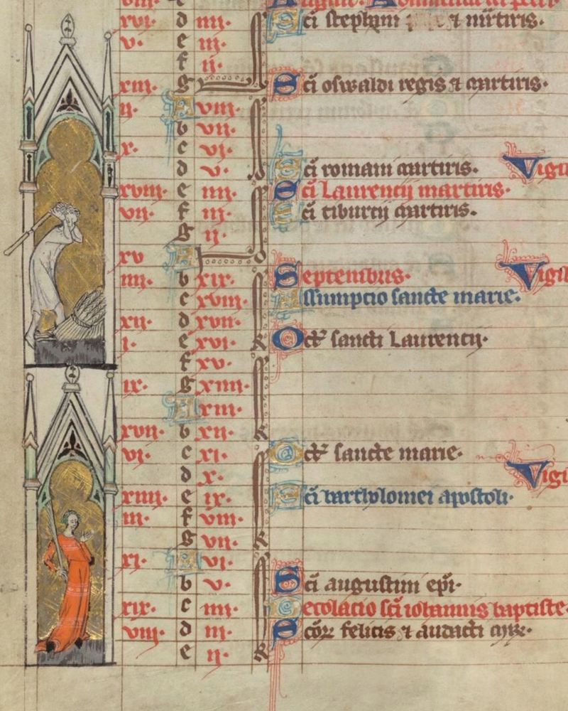 A medieval illuminated manuscript page with calendar miniatures comprising labours of the months and zodiac signs, on punched gold ground under canopies, in outer margins.