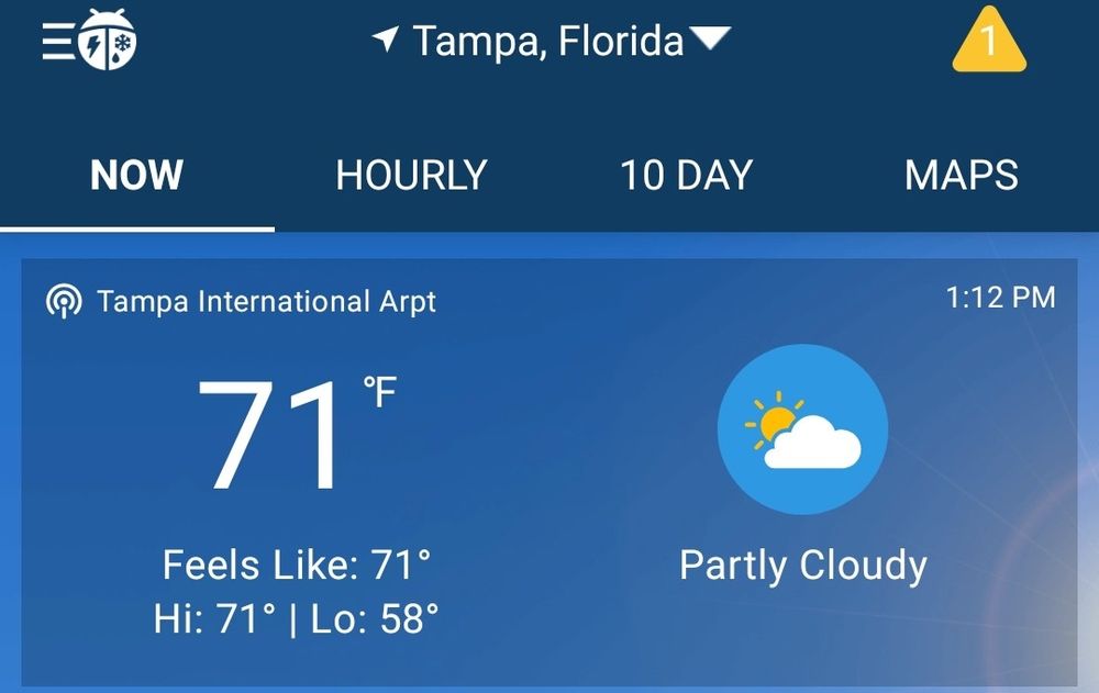 A screenshot of my weather app showing that the current temperature here in Tampa is 71 and the low tonight is 58.