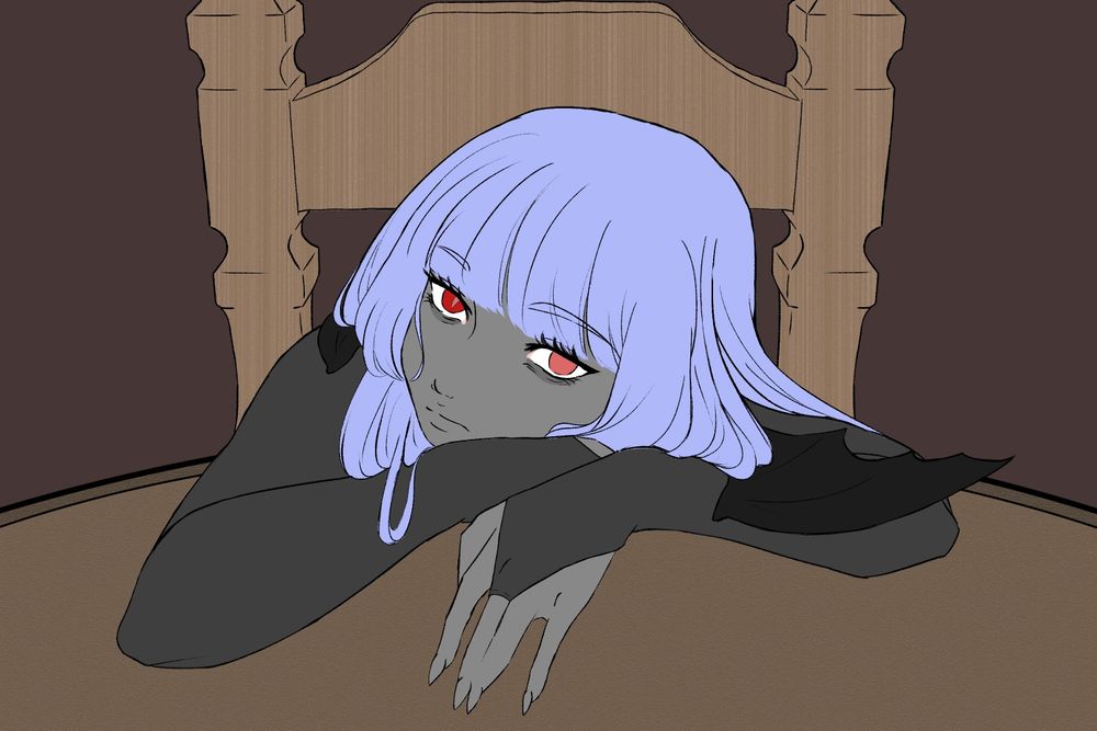 a tiefling character with grey skin, red eyes and blue hair with bat wings on her head resting her cheek against her folded arms on a table looking up towards the camera
