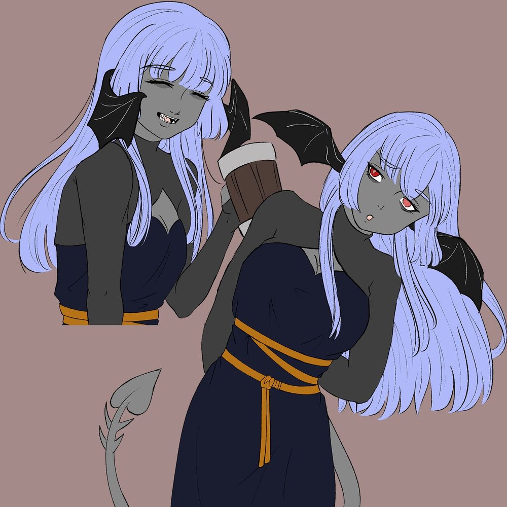two cropped photos of a tiefling character with grey skin, red eyes and blue hair as well as bat wings instead of ears, one of her with a tankard and a smile and the other with her leaning to the side with a confused expression
