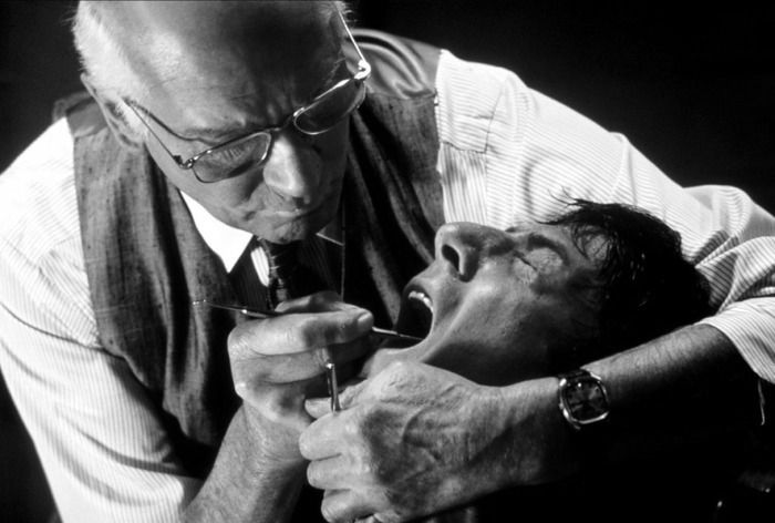 Laurence Olivier performs a dental checkup on Dustin Hoffman in the film Marathon Man.
