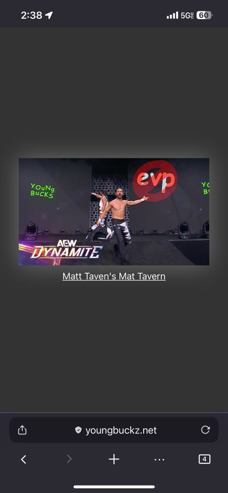 younbuckz.net with an image of the young bucks from aew dynamite with their comic sans entrance and a hyperlink named “Matt Taven’s Mat Tavern”