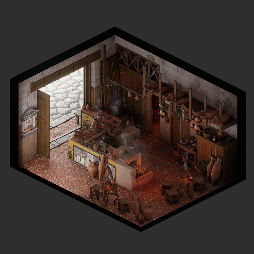 Isometric view of a Pompeiian tavern. Fire is on in the oven, smoke and steam from hot food fill the room. Food is on the counter and tables, amphorae are on racks and leaning against walls and furniture. Walls and counter are painted. A small dog sleeps in the backroom, visible behind the curtain.