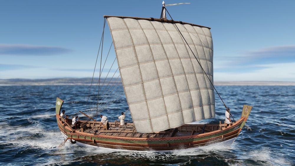 Roman period ship sailing within site of a coastline. Hull is painted red and green, Isis is painted on the bow, and the sails are billowing as the 5-person crew works on deck. Based on the Anse de Laurons 2 shipwreck, a 15-m long sailing merchant ship.
