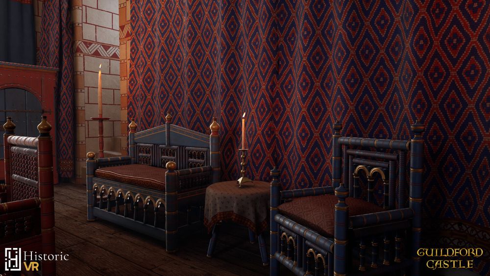 Blue, red, and gilt chairs, benches, and tables with turned legs up against a colorful tapestry in the Great Hall of Guildford Castle. Reconstruction for Historic VR.