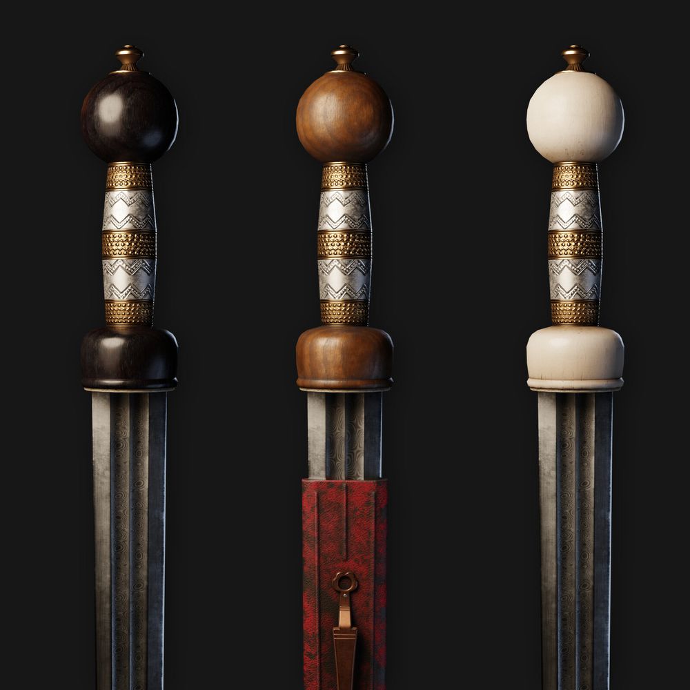 Vimose-Illerup Ådal Swords (3rd Century CE). Three variations of Roman Cavalry swords found in a Danish bog. All three have pattern welded blades with swirling patterns, and gold and silver handles. Center sword has a brown wood guard and pommel, and mottled red and black scabbard. Sword on the left has ebony pommel and guard, and on the right is an ivory variant.