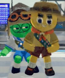 Me, the yellow scout seemingly rapidly vibrating while grinning with my hands on my hips, and Talon, the green scout, hunched over and side-eyeing me suspiciously. Screenshot from PEAK the video game