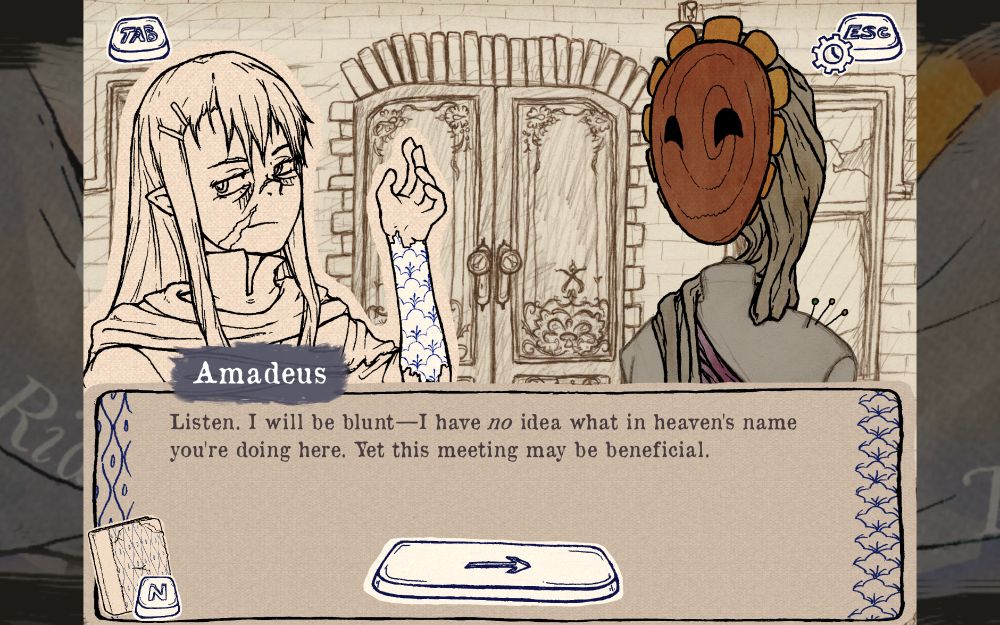 Screenshot of Amadeus talking to the Witch. His dialogue reads "Listen. I will be blunt—I have no idea what in heaven's name you're doing here. Yet this meeting may be beneficial."