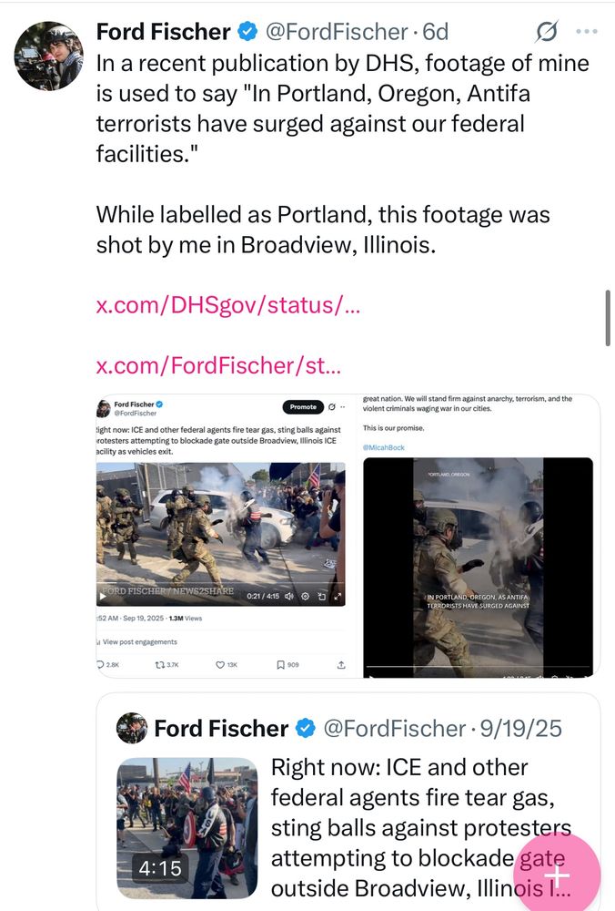 Ford Fischer & @FordFischer • 6d
In a recent publication by DHS, footage of mine is used to say "In Portland, Oregon, Antifa terrorists have surged against our federal facilities."
While labelled as Portland, this footage was shot by me in Broadview, Illinois.