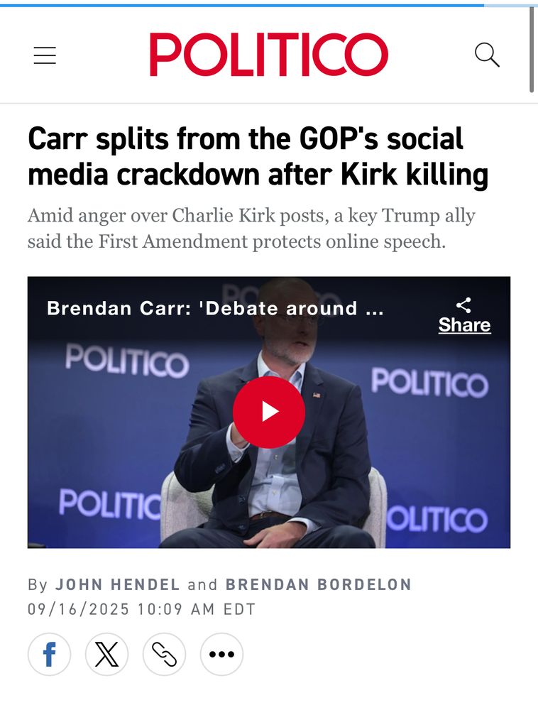 POLITICO
Carr splits from the GOP's social media crackdown after Kirk killing Amid anger over Charlie Kirk posts, a key Trump ally said the First Amendment protects online speech.

By JOHN HENDEL and BRENDAN BORDELON
09/16/2025 10:09 AM EDT