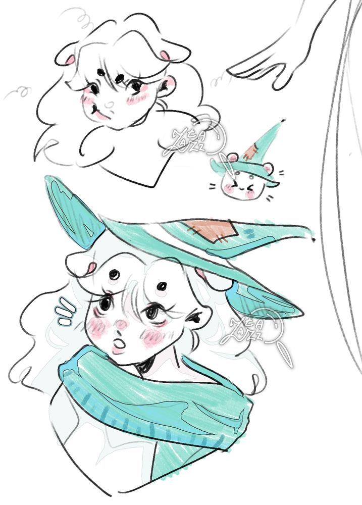 Sketch Humanization of Hommy from AFK Journey. White-haired girl with a turquoise hat. @zzzata