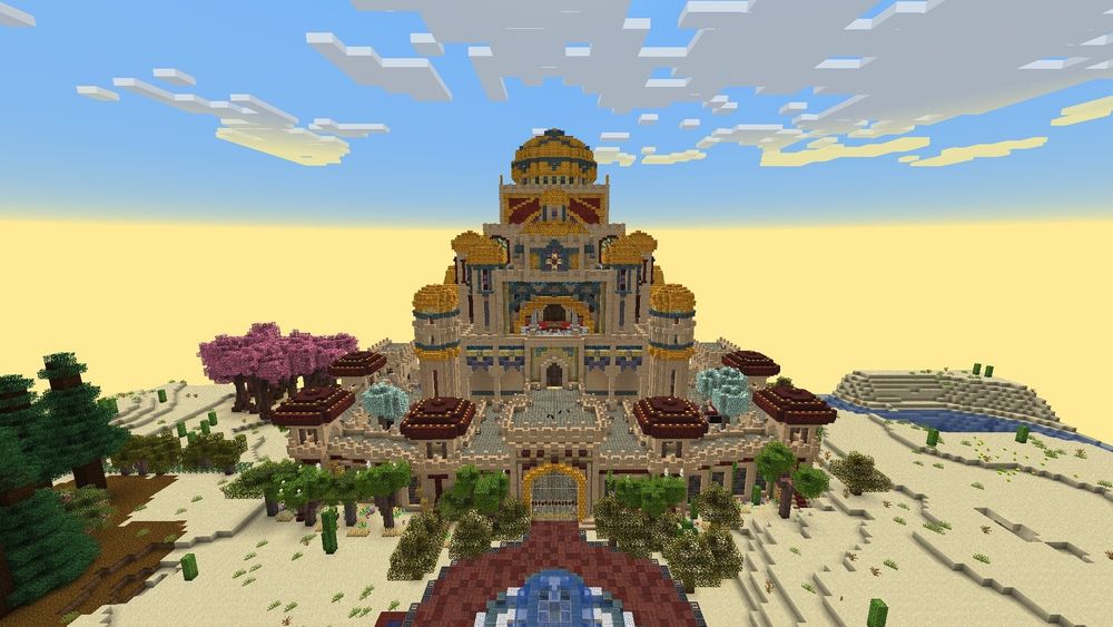 Nar Alshams Palace. A Persian inspired Minecraft build with golden minarets upon the many towers.