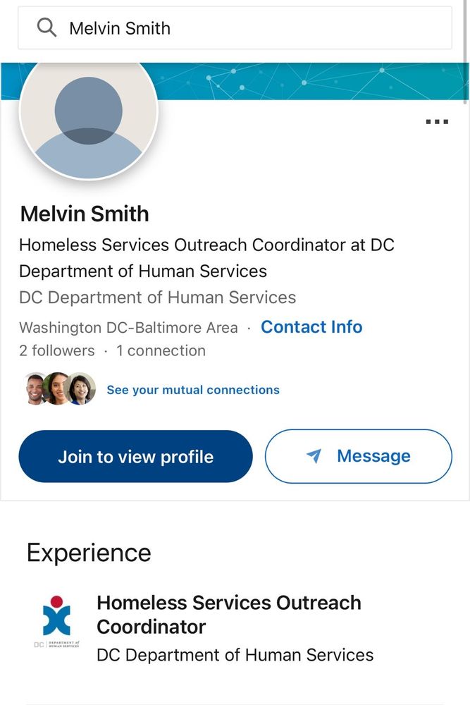 Linked in page for Melvin Smith which details his role as a homeless services outreach coordinator at the DC Department of Human Services.