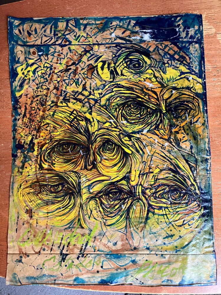 Painting on paper bag. Faces/eyes/souls. By Nuyorican artist Jorge Soto Sanchez 1980s VT