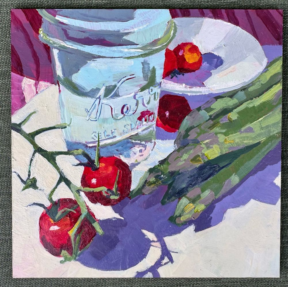 Slightly abstract painting showing a canning jar surrounded by a few cherry tomatoes and some asparagus. The shadows are quite purple. The background is a red stripped cloth.