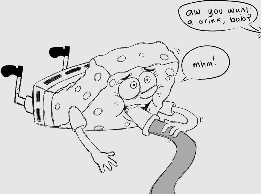 a sponge character with a hose in his mouth