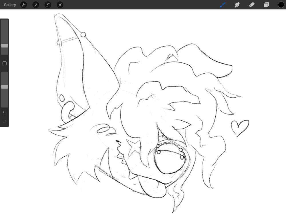 Screenshot of procreate with a sketch I drew of Chase the hyena. His hair covers his eyes and he has his tongue out with a big grin! 