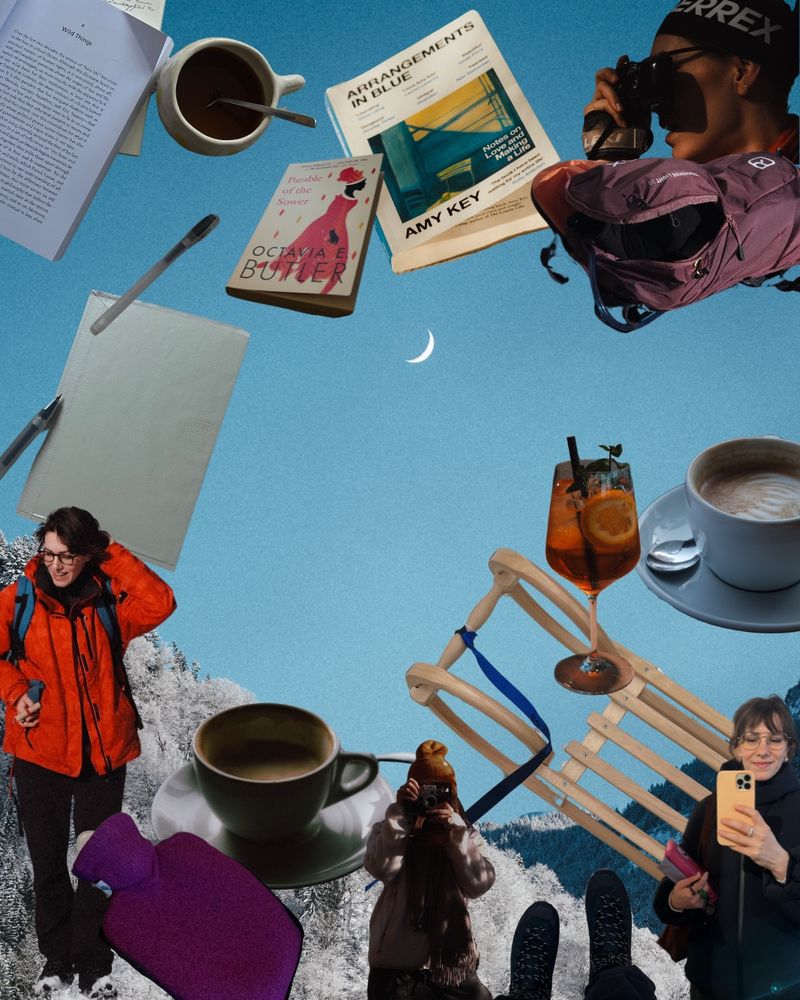 a collage of things Anna likes: books, a hot bottle, cups of coffee, functional clothes, hiking boots, the moon. snowy mountains, a backpack. a camera.