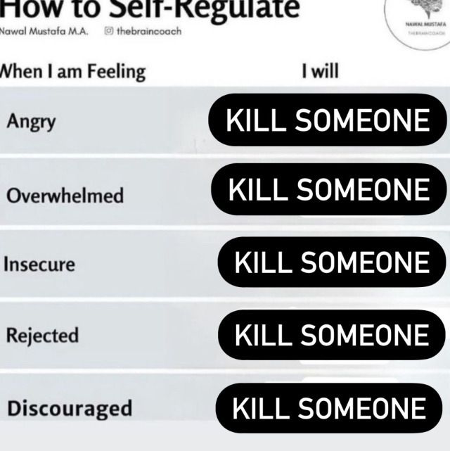 How to Self-Regulate

When I am Feeling Angry I will K!LL SOMEONE
When I am Feeling Overwhelmed I will K!LL SOMEONE
When I am Feeling Insecure I will K!LL SOMEONE
When I am Feeling Rejected I will K!LL SOMEONE
When I am Feeling Discouraged I will K!LL SOMEONE