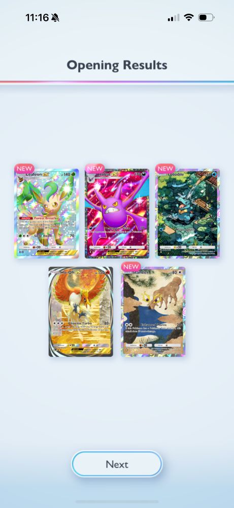 A screenshot from opening a pack in Pokemon TCGP. I pulled a Leafeon EX, Crobat EX, and special art Ho-oh EX, as well as special art Totodile and Stantler cards. My wife is very jealous.