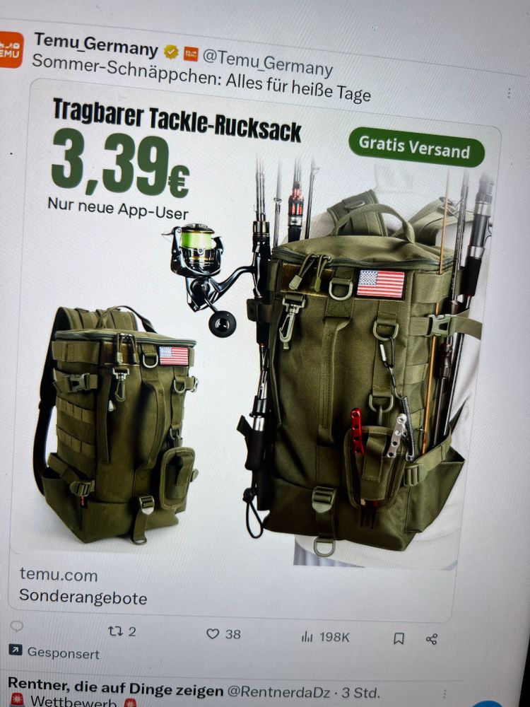 Werbung des Billigversenders Temu für einen Militärrucksack, auf dem Bild vollgestopft mit Survival-Gerätschaften, vor allem fürs Angeln. Angebotspreis 3,39€ für Neukunden.  