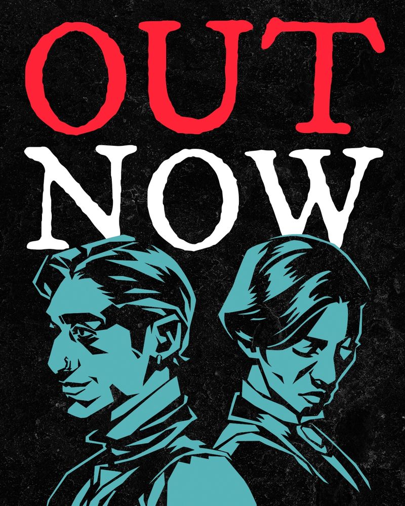 White and red text on black grunge background: "Out now"; two teal single-color illustrations, a man and a woman facing away from each other.
