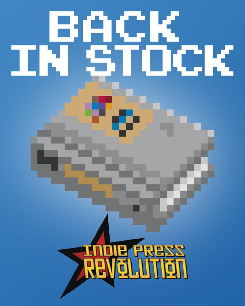 Pixelated text: "Back in stock", pixel illustration of a grey book, logo of Indie Press Revolution, on a blue background.